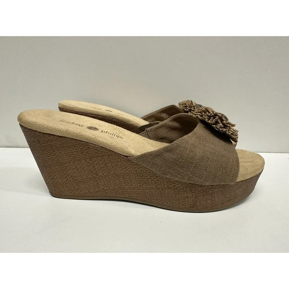 Lindsay Phillips Devon women size 8 brown wedge platform slip on snap on sandals